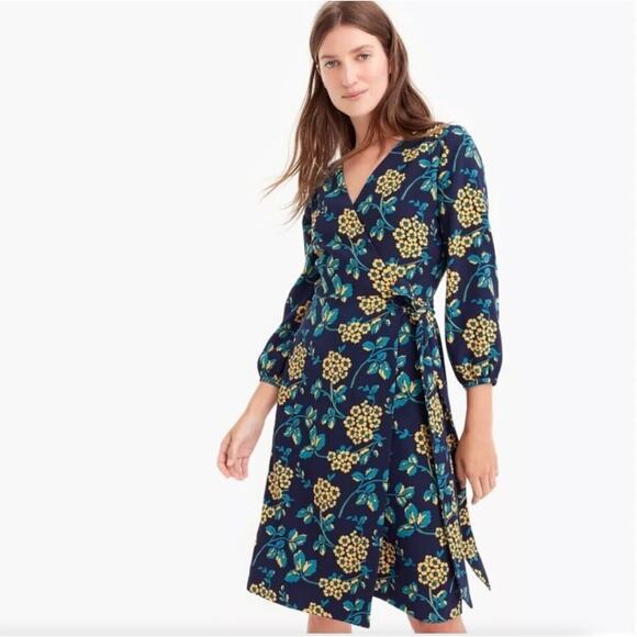 J. CREW Golden Floral Wrap Dress 365 Crepe Blue Yellow {PP39} - Picture 2 of 8
